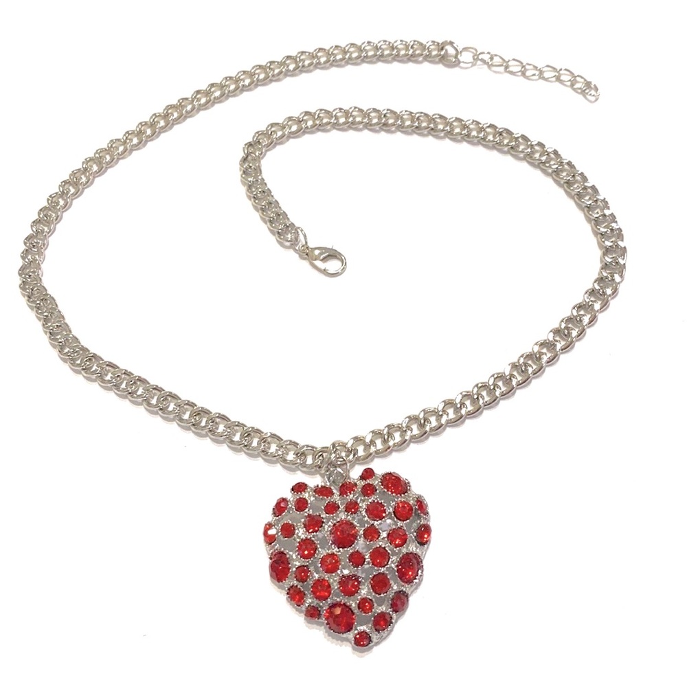 Red Heart Dome Necklace Silver Tone